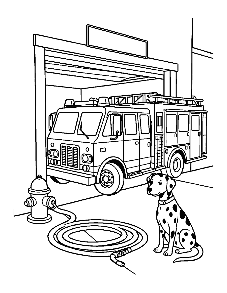 Line drawing of a fire truck parked half out of a station with a dalmatian and a hydrant