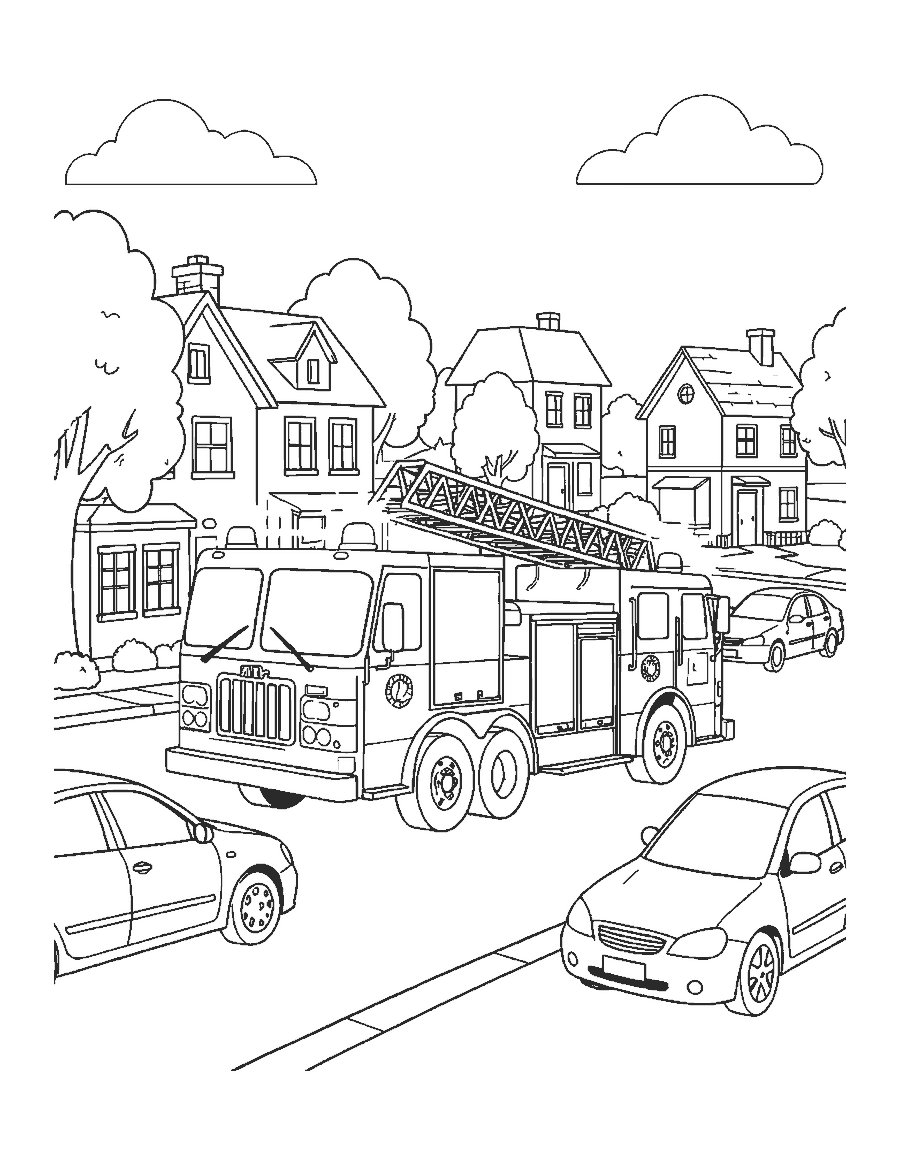 Line drawing of a fire truck speeding down a town street as cars pull aside
