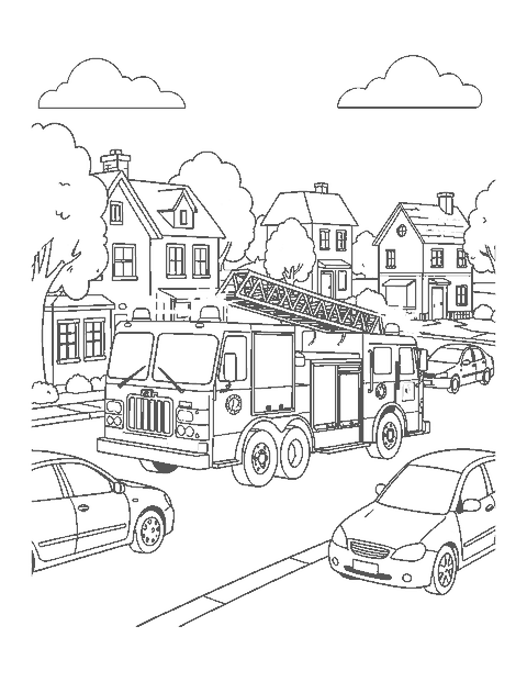 Line drawing of a fire truck speeding down a town street as cars pull aside