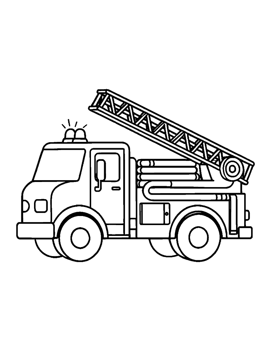 Line drawing of a fire truck with a ladder on top, a siren light and a coiled hose