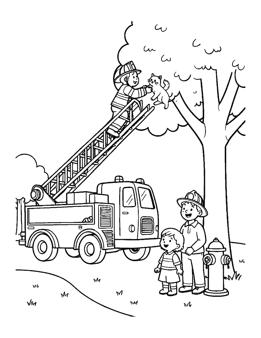 Line drawing of a firefighter on a ladder rescuing a kitten from a tree