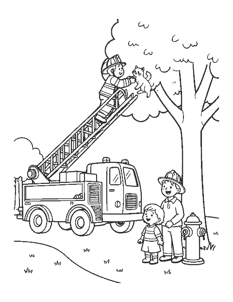Line drawing of a firefighter on a ladder rescuing a kitten from a tree