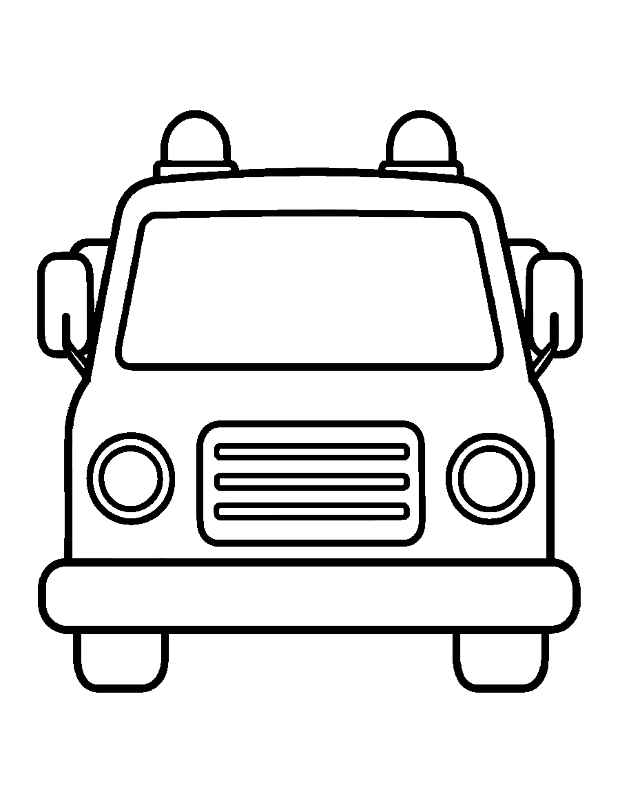 Line drawing of a small fire engine seen from the front with round headlights