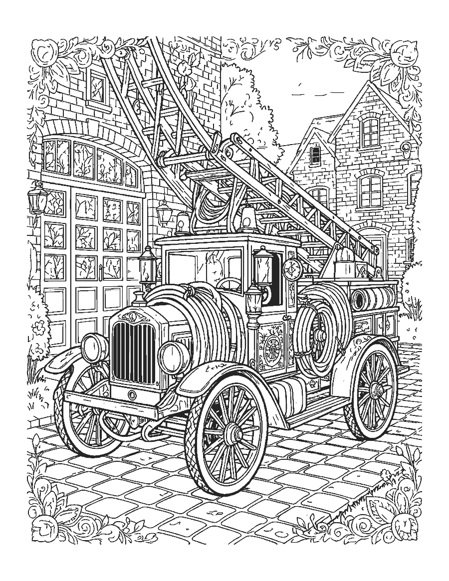 Line drawing of a detailed vintage fire engine with a brass bell outside a brick firehouse
