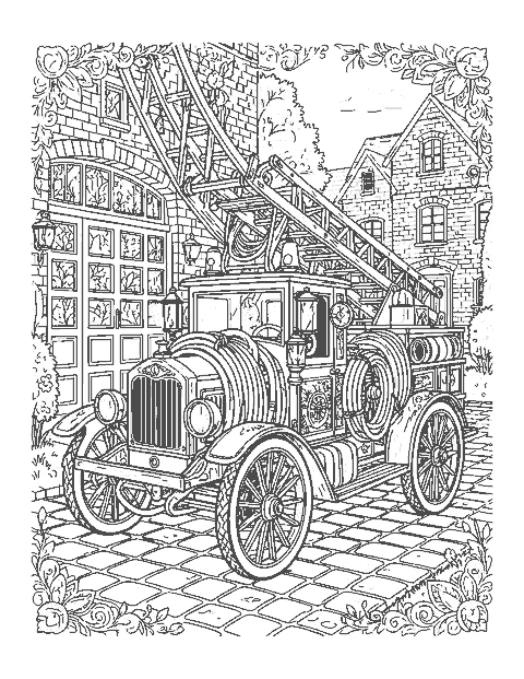 Line drawing of a detailed vintage fire engine with a brass bell outside a brick firehouse