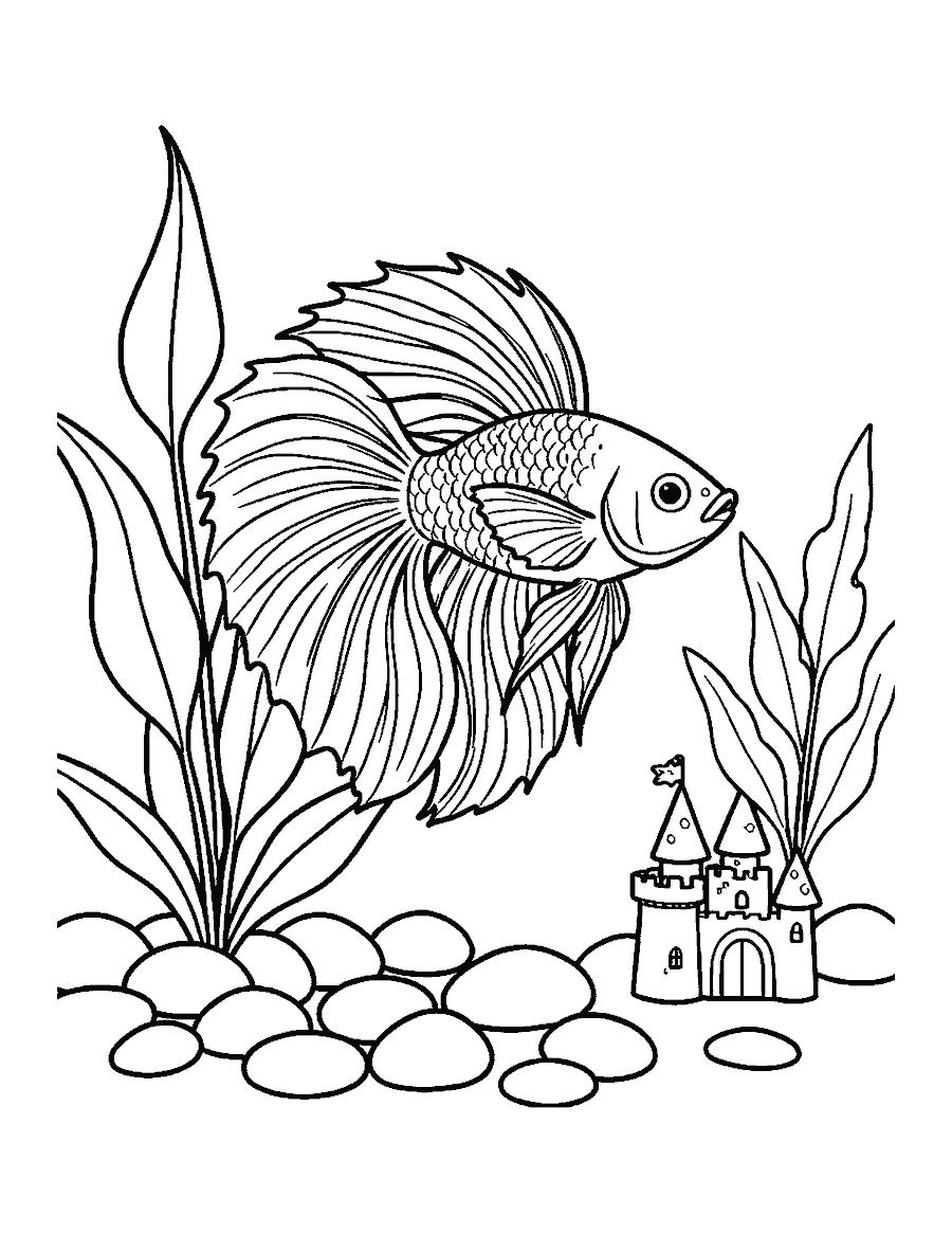 Line drawing of a betta fish with long fins in an aquarium with plants and pebbles