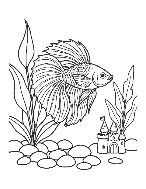Line drawing of a betta fish with long fins in an aquarium with plants and pebbles