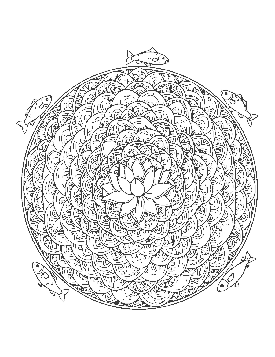 Line drawing of a round mandala of fish scales with small fish circling the edge