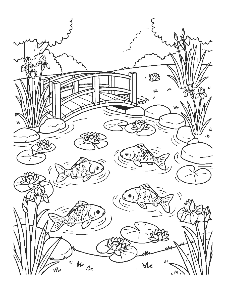 Line drawing of four koi fish in a lily pond with a wooden bridge and irises