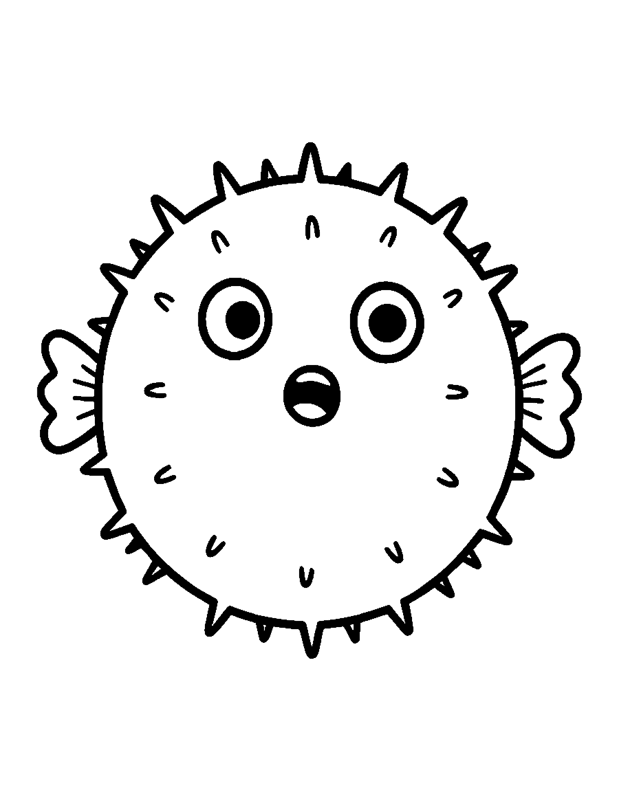 Line drawing of a round spiky pufferfish facing forward with a surprised face