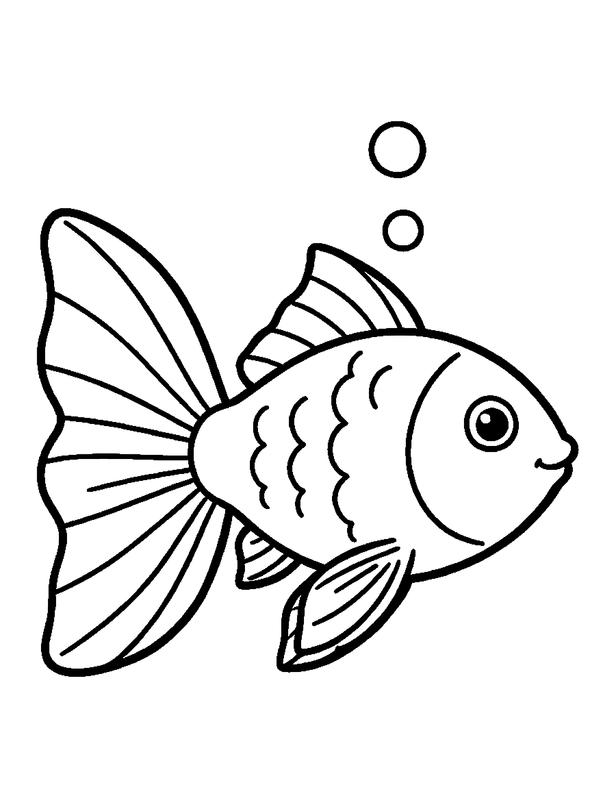 Line drawing of a chubby goldfish with a flowing fan tail and two bubbles