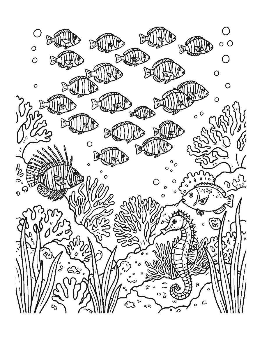 Line drawing of a school of tropical fish swimming past a coral reef with a lionfish