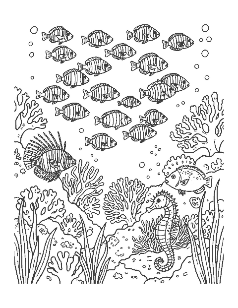 Line drawing of a school of tropical fish swimming past a coral reef with a lionfish