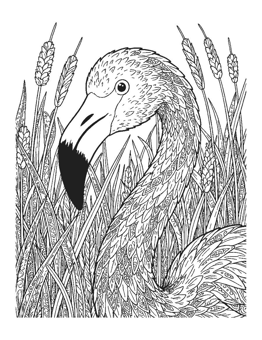 Line drawing close-up of a flamingo's curving neck and bent beak among reeds