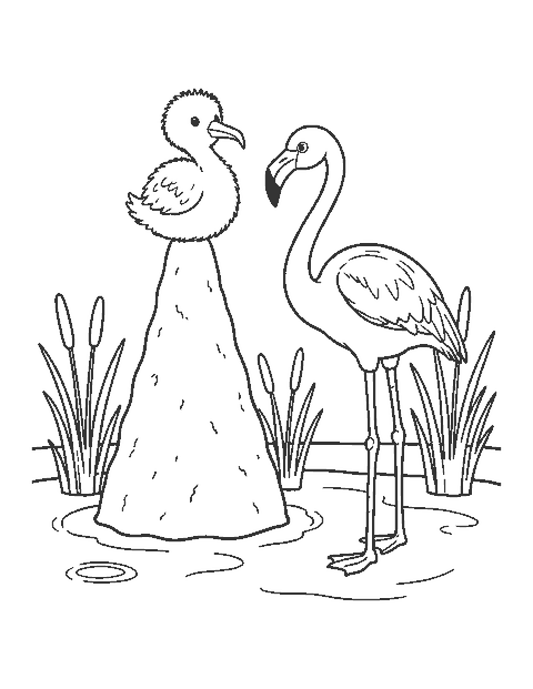 Line drawing of a fluffy flamingo chick on a cone-shaped mud nest beside its parent