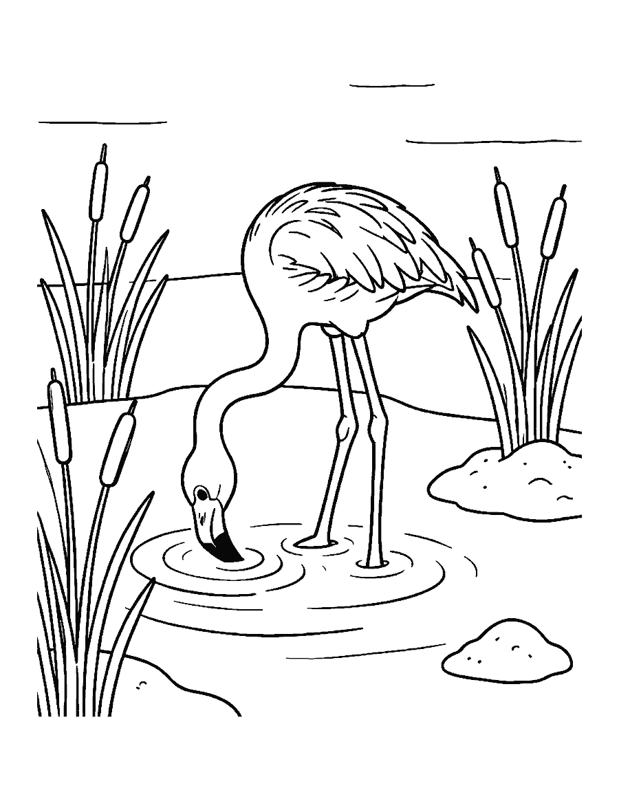 Line drawing of a flamingo feeding with its head upside down in a shallow lagoon