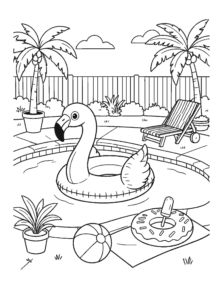 Line drawing of an inflatable flamingo float in a backyard pool with a beach ball and umbrella