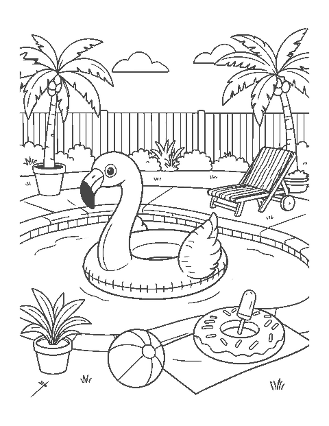 Line drawing of an inflatable flamingo float in a backyard pool with a beach ball and umbrella