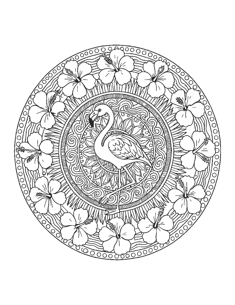 Line drawing of a flamingo on one leg inside a round mandala of hibiscus and palm leaves