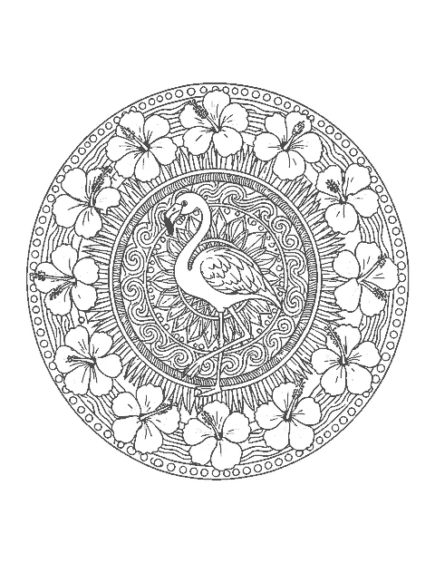Line drawing of a flamingo on one leg inside a round mandala of hibiscus and palm leaves