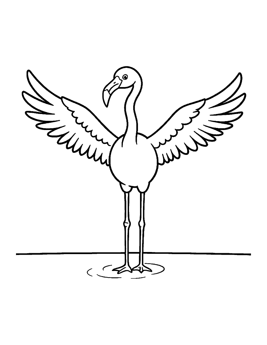 Line drawing of a flamingo standing in shallow water with both wings stretched wide