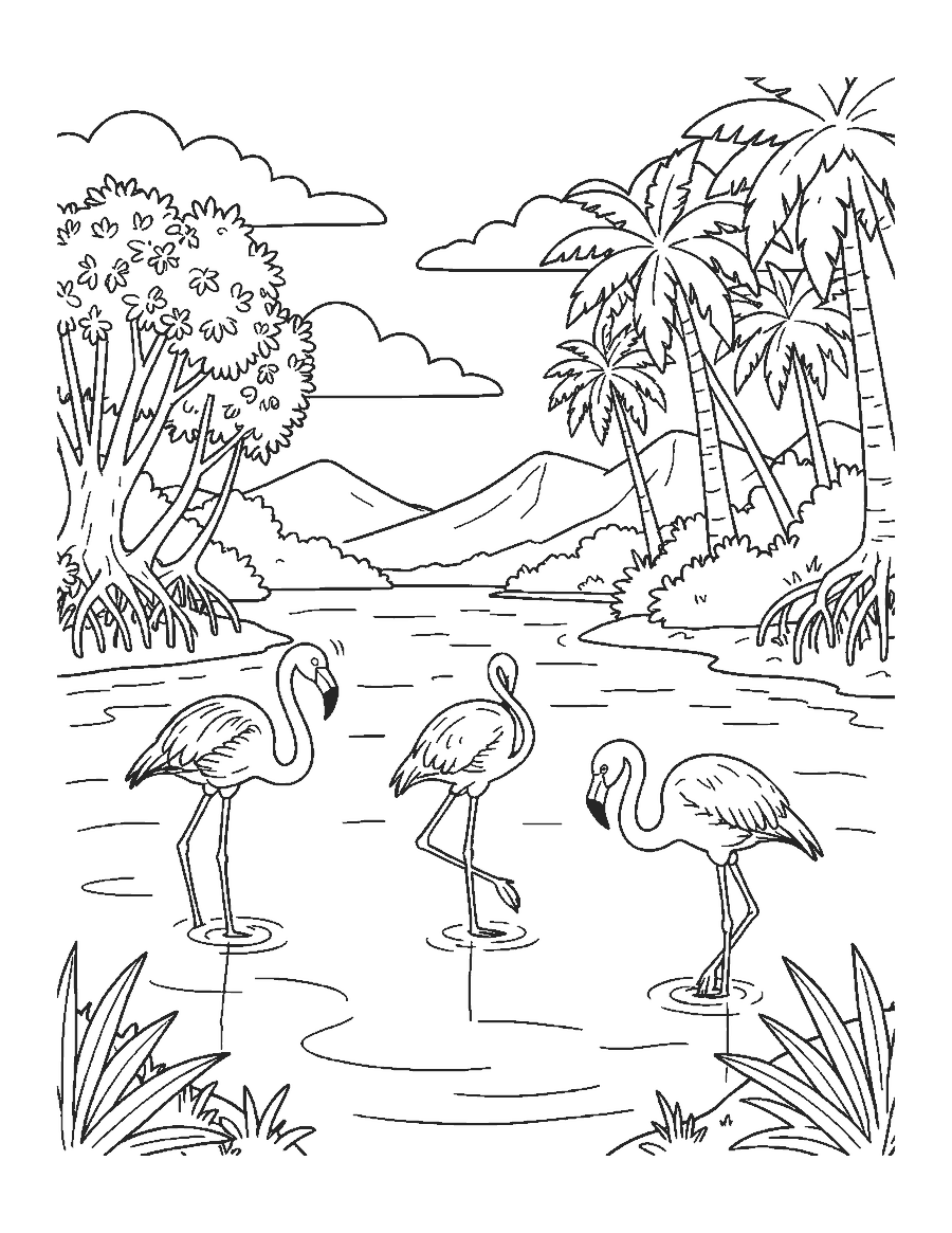 Line drawing of three flamingos wading in a tropical lagoon with palms and mangroves