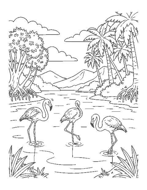 Line drawing of three flamingos wading in a tropical lagoon with palms and mangroves