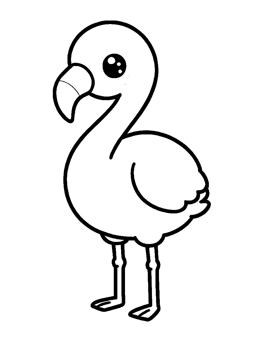 Line drawing of a cute chibi flamingo with a curvy neck and a bent beak