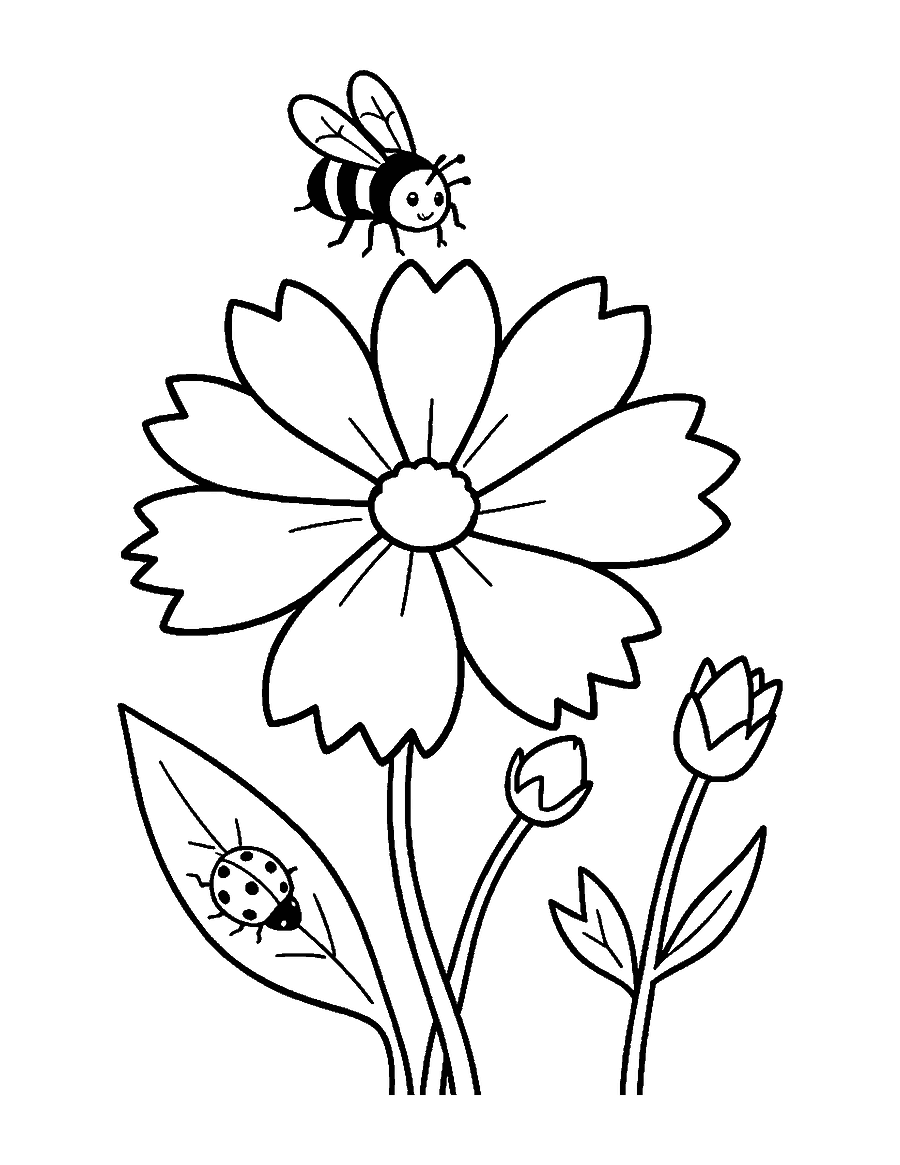 Line drawing of a bee hovering over a cosmos flower with buds and a ladybug on a leaf