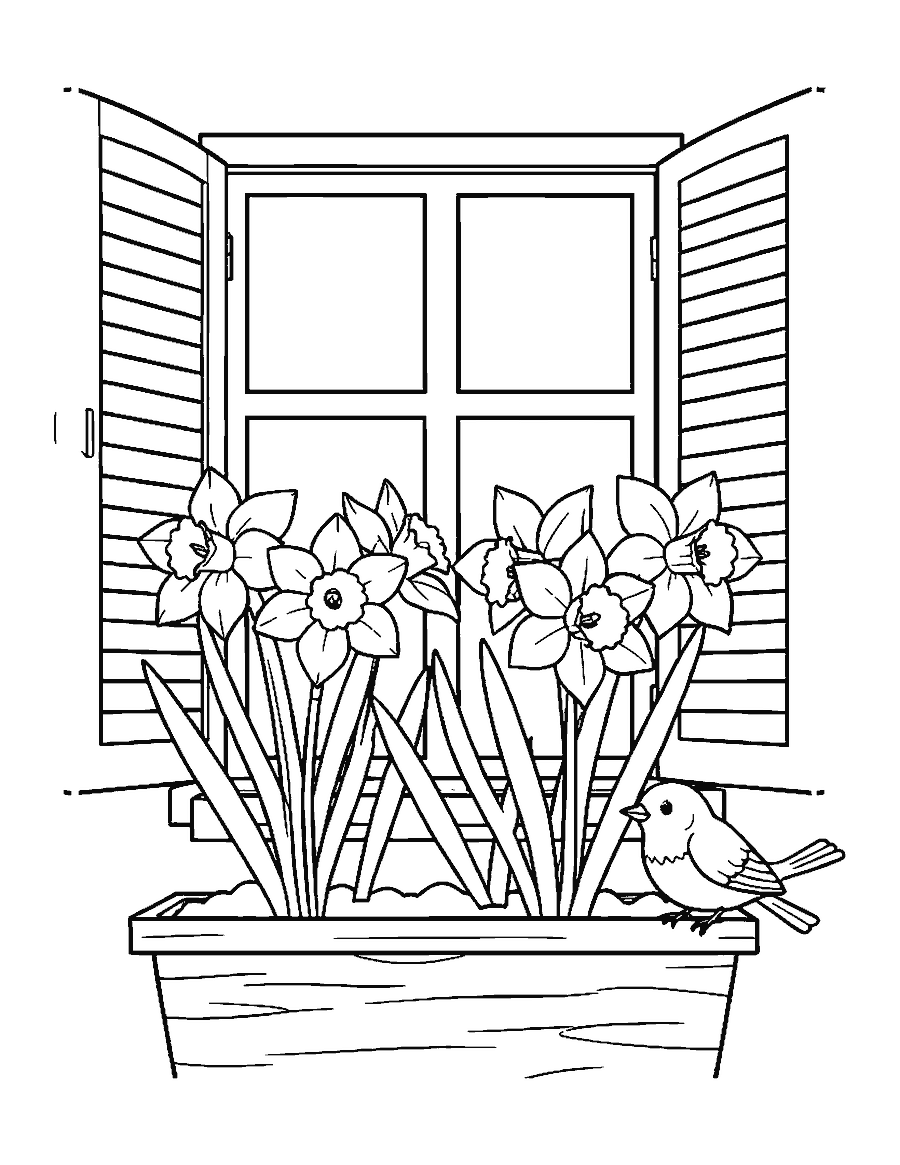 Line drawing of daffodils in a window box under open shutters with a bird on the sill