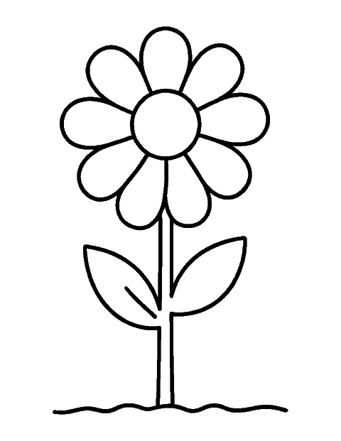 Line drawing of a big daisy with rounded petals on a stem with two leaves