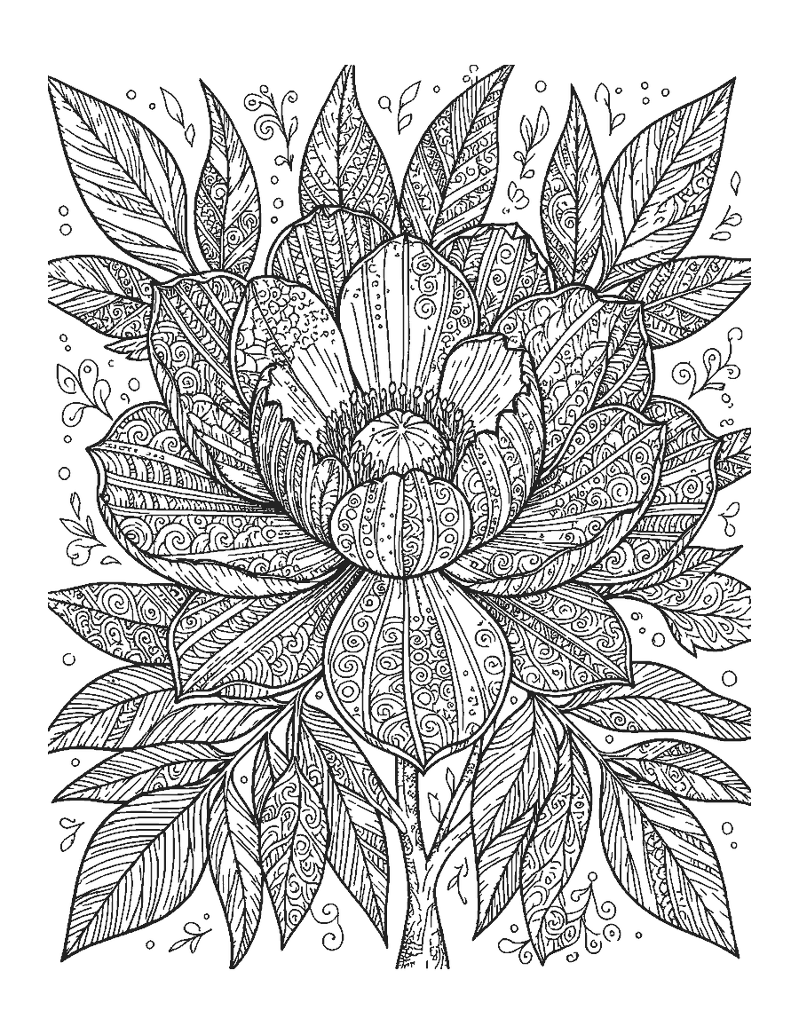 Line drawing of a large peony with every petal filled with doodle patterns