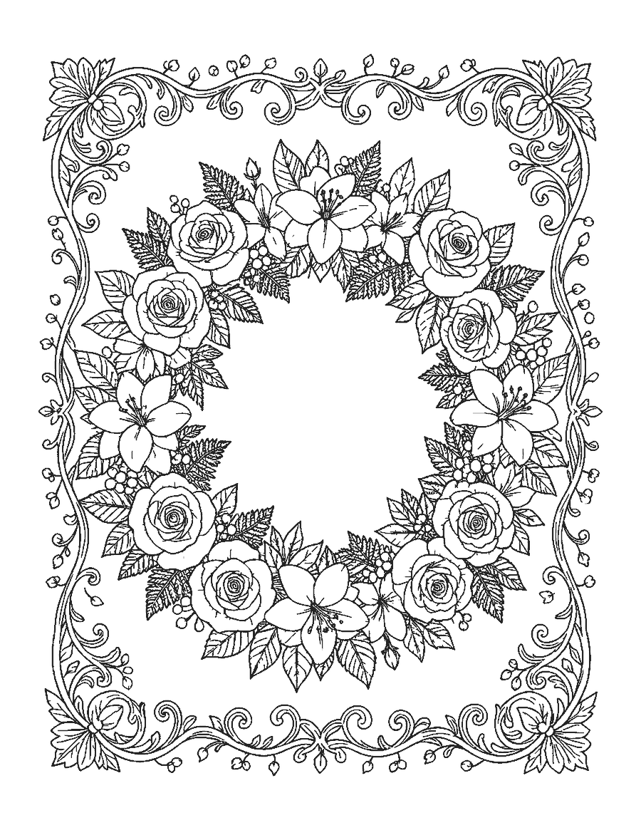 Line drawing of a detailed floral wreath inside an ornate scrolling vine border