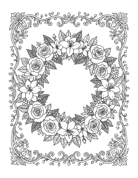 Line drawing of a detailed floral wreath inside an ornate scrolling vine border