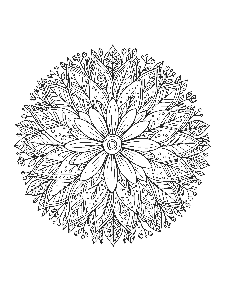 Line drawing of a round flower mandala with layered rings of detailed petals and buds