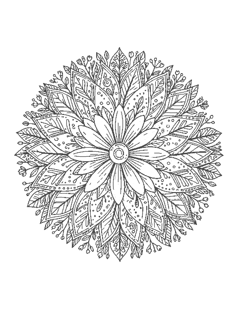 Line drawing of a round flower mandala with layered rings of detailed petals and buds