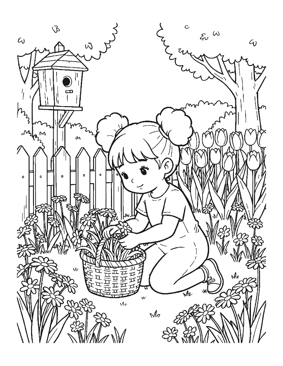 Line drawing of a girl kneeling in a garden picking daisies into a woven basket