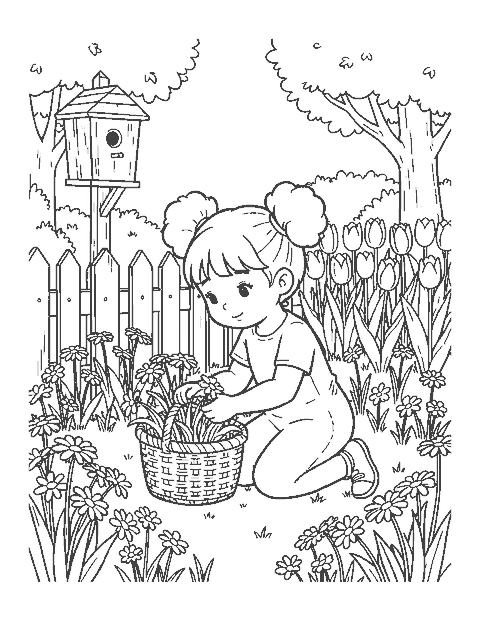 Line drawing of a girl kneeling in a garden picking daisies into a woven basket