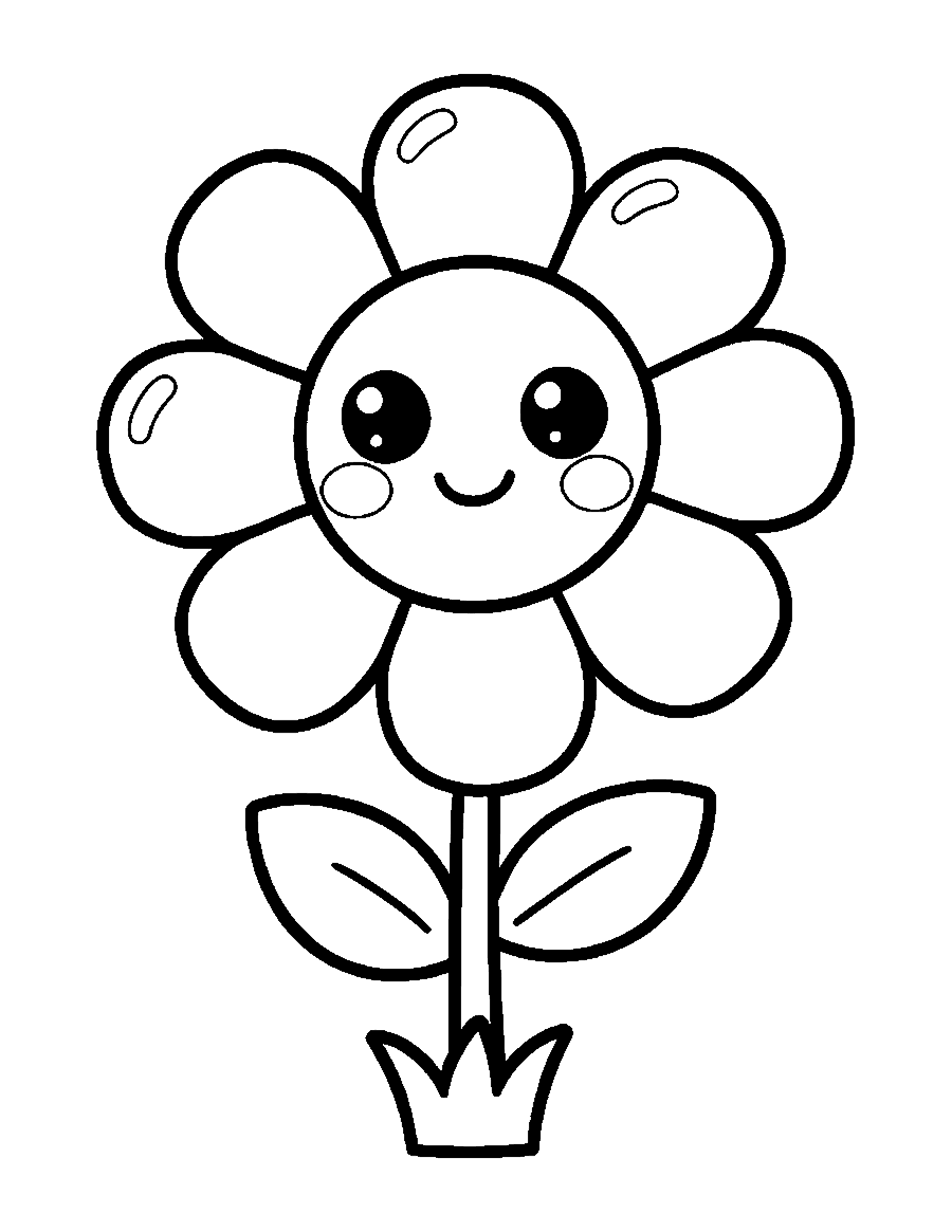 Line drawing of a cute kawaii flower with a smiling face, six round petals and two leaves