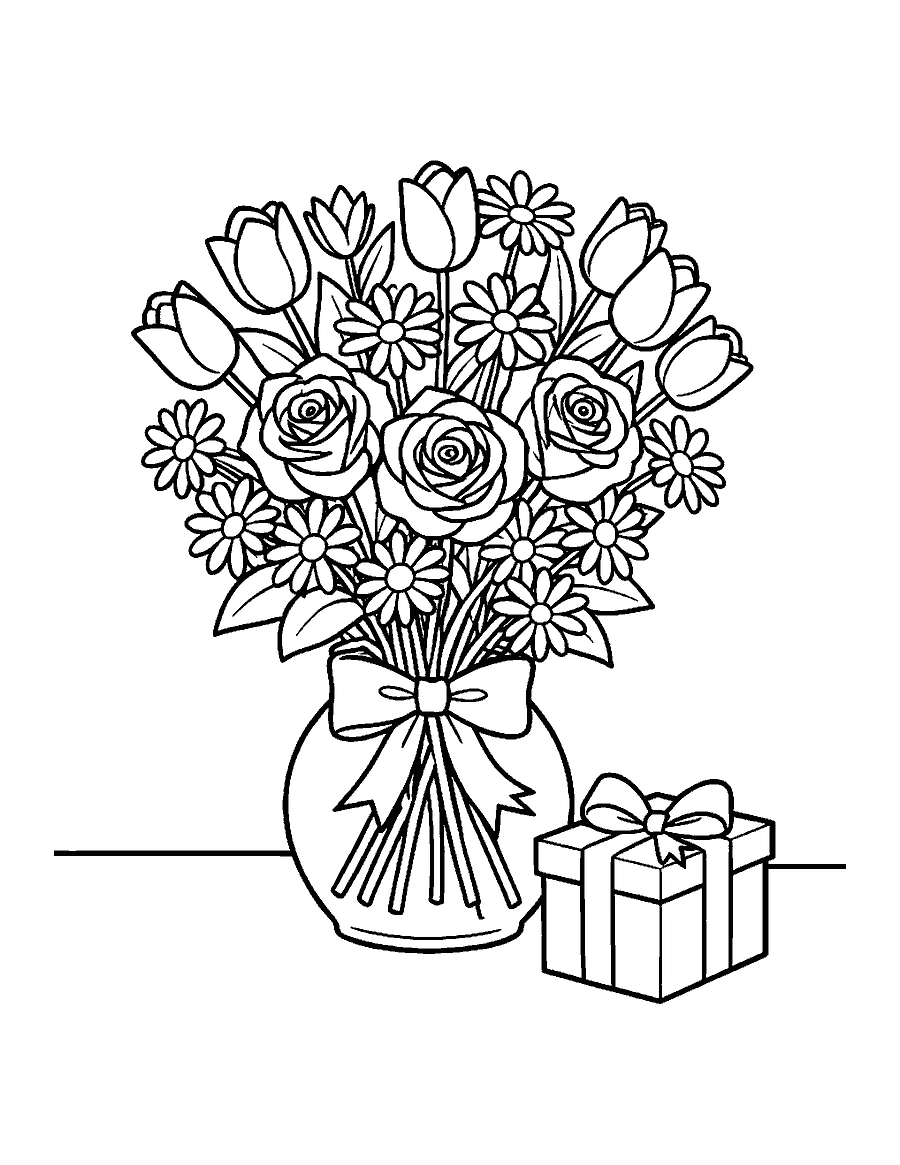 Line drawing of a bouquet of mixed flowers in a glass vase with a ribbon bow and a gift box