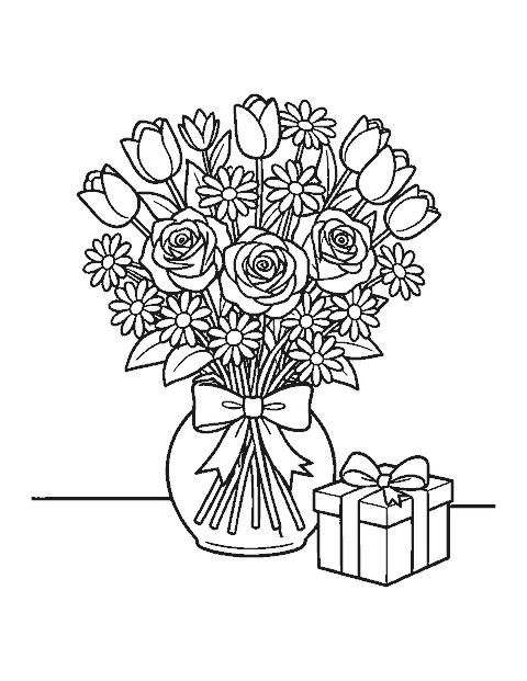Line drawing of a bouquet of mixed flowers in a glass vase with a ribbon bow and a gift box
