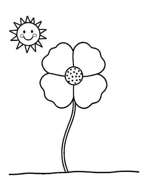 Line drawing of one poppy on a curving stem with a smiling sun in the corner