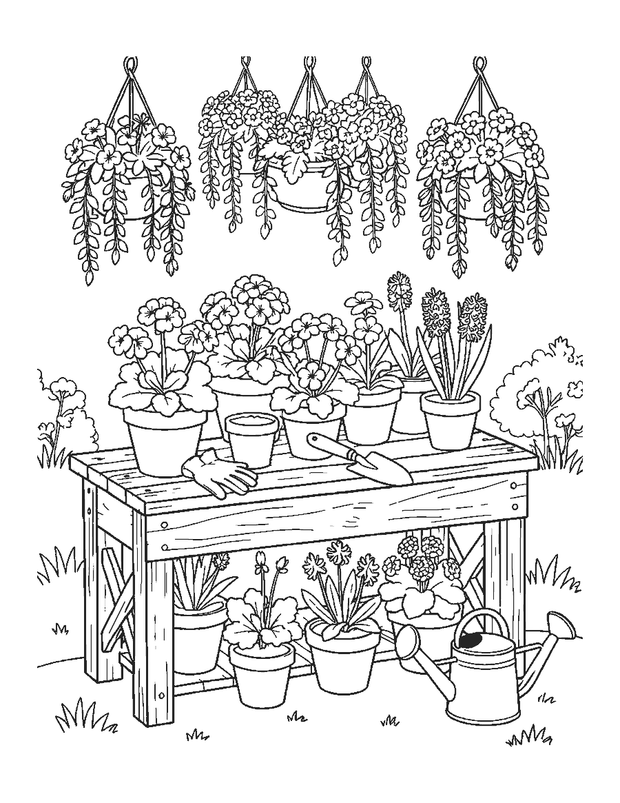 Line drawing of a wooden potting bench covered in potted flowers, garden tools and hanging baskets