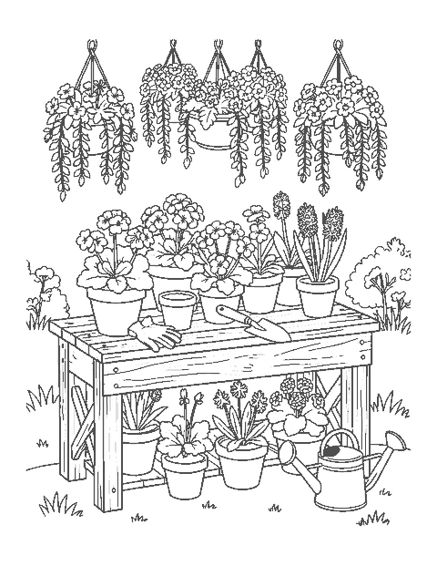 Line drawing of a wooden potting bench covered in potted flowers, garden tools and hanging baskets