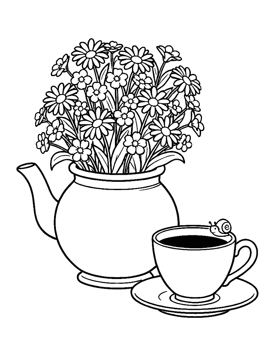 Line drawing of a teapot used as a flower pot full of daisies beside a teacup with a snail