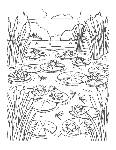 Line drawing of a pond with water lilies, lily pads, cattails, a frog and dragonflies