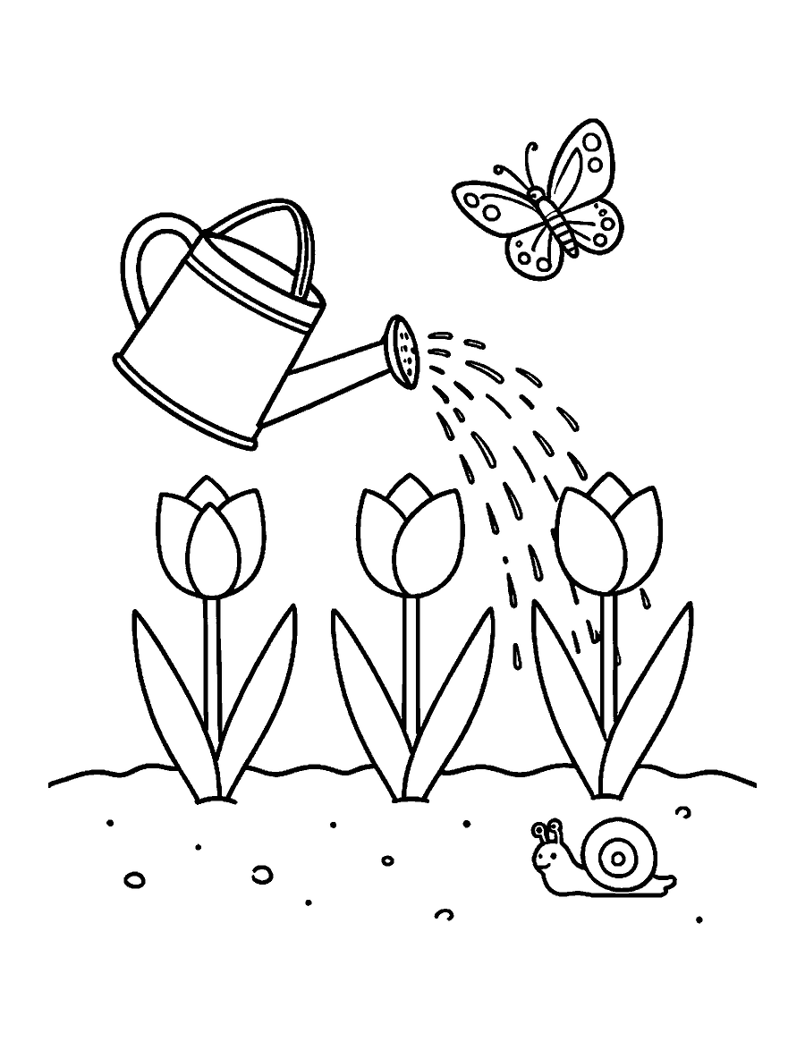 Line drawing of a watering can sprinkling three tulips with a butterfly and snail nearby
