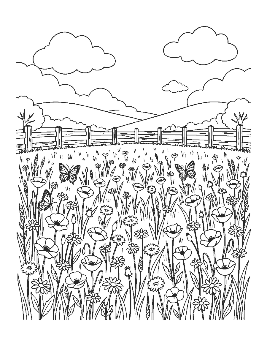 Line drawing of a wildflower meadow with butterflies, a wooden fence and rolling hills