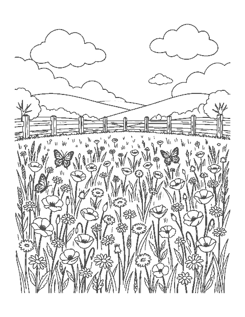 Line drawing of a wildflower meadow with butterflies, a wooden fence and rolling hills
