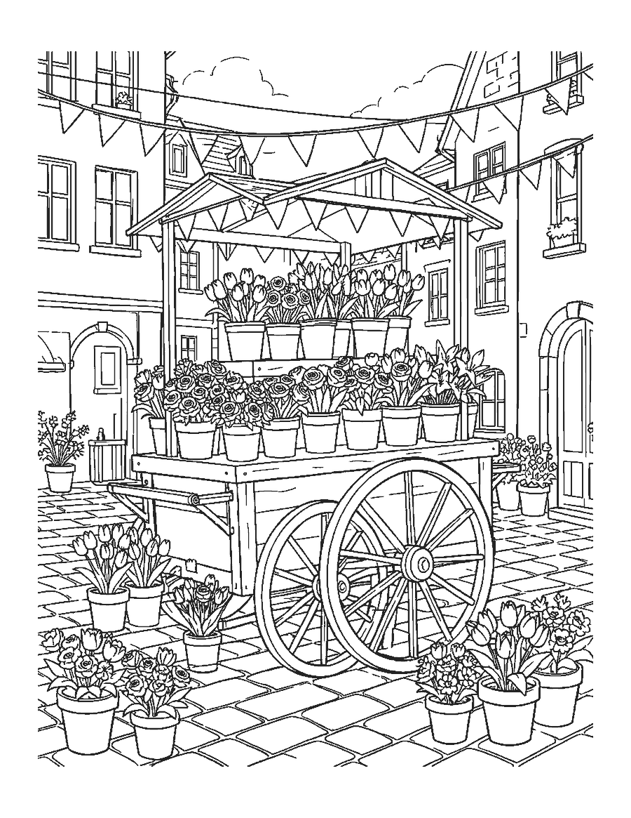 Line drawing of a wooden flower cart full of tulips, roses and lilies in a cobbled square